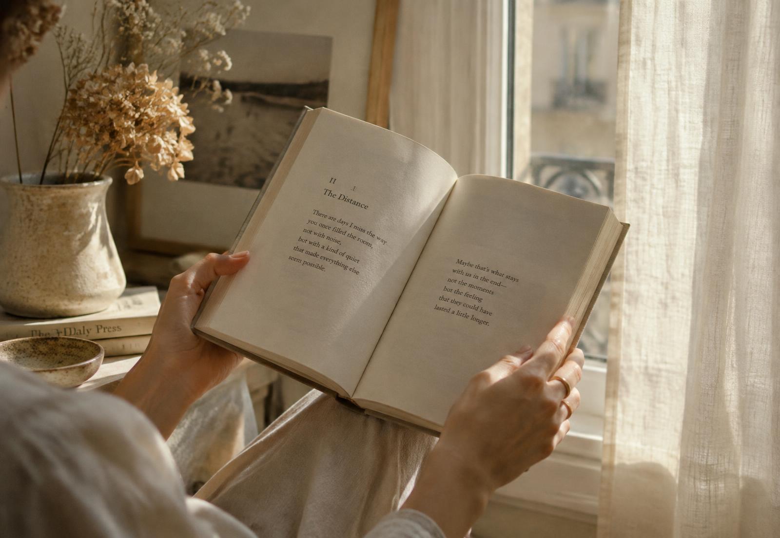 A woman reading a book of poetry by a sunlit window